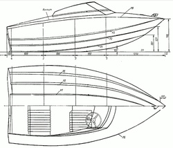 Теоретический чертеж и схема общего расположения мотолодки "Радуга-34"